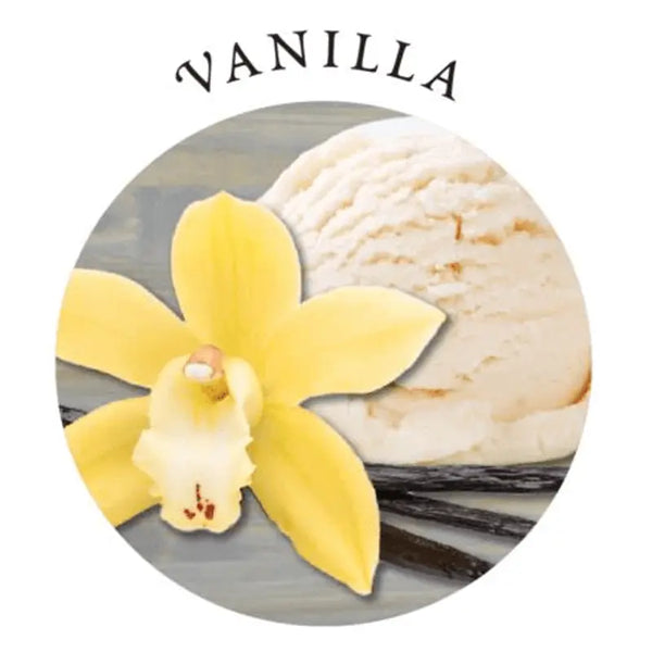 Vanilla scent label showing a yellow orchid, vanilla pods, and a scoop of vanilla ice cream