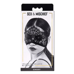 Veiled Vision Lace Blindfold front packaging showing model wearing black lace eye mask
