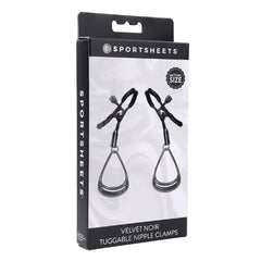 Velvet Noir Tuggable Nipple Clamps box side angle highlighting Sportsheets branding and product name