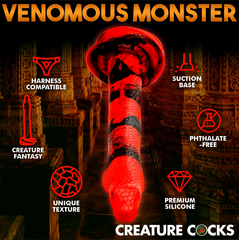 Venomous Monster infographic showing harness-compatible, suction base, phthalate-free premium silicone features