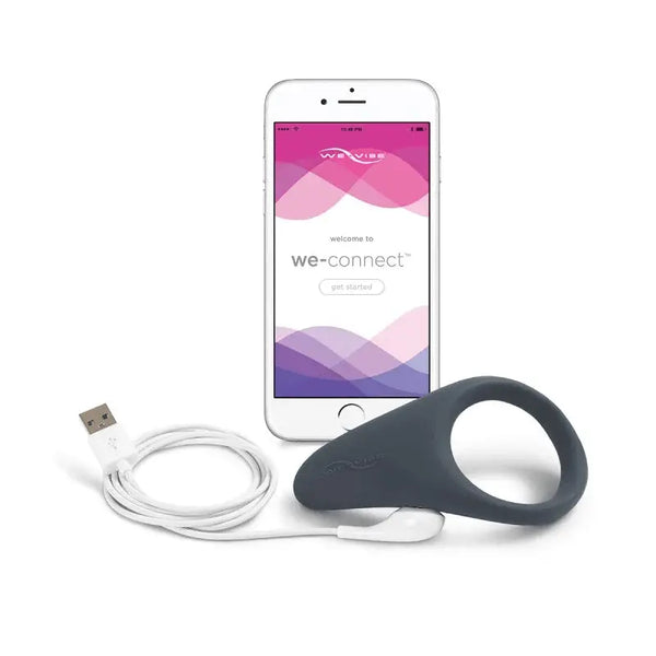 Verge cock ring shown with USB charging cable and We-Connect app on smartphone screen