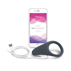 Verge cock ring shown with USB charging cable and We-Connect app on smartphone screen