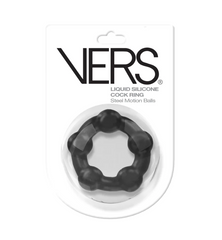 Vers Liquid Silicone Cock Ring with steel motion balls displayed in retail blister packaging