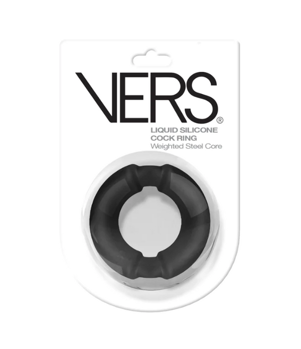 VERS Liquid Silicone Cock Ring with weighted steel core shown in retail blister pack