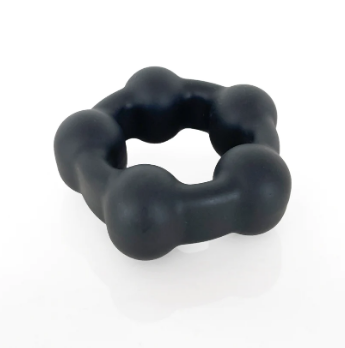 Vers Motion Ball C Ring in dark grey liquid silicone, hexagonal beaded shape, front view