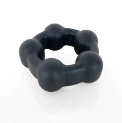 Vers Motion Ball C Ring in dark grey liquid silicone, hexagonal beaded shape, front view