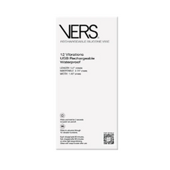 VERS plug packaging rear panel listing 12 vibrations, USB rechargeable, waterproof