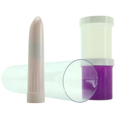 Close-up of vibrating unit, clear moulding tube and purple silicone cup included in the kit