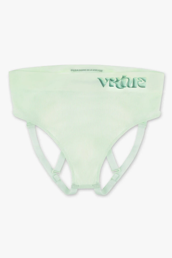 Virtue JockVStrap Rib Briefs in mint, front view showing ribbed fabric and logo waistband