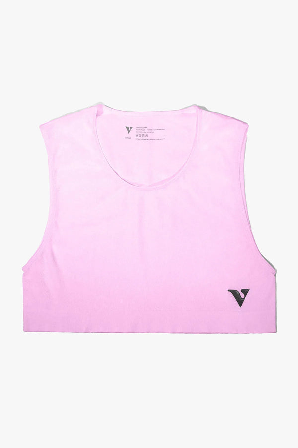 Virtue Mini Crop Top in soft taffy pink, flat lay showing scoop neck and logo detail