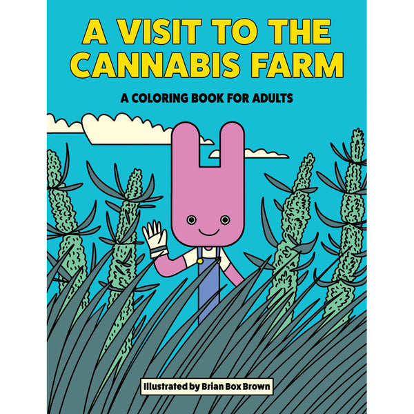 A Visit to the Cannabis Farm adult coloring book cover by Wood Rocket LLC, bright illustrated design