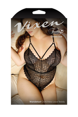 Vixen by Fantasy Lingerie Wanderlust Crotchless Lace Teddy queen size packaging