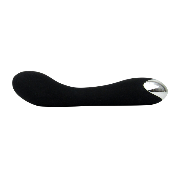 Voodoo Karma Vibe black silicone G-spot vibrator with curved tip and silver accent