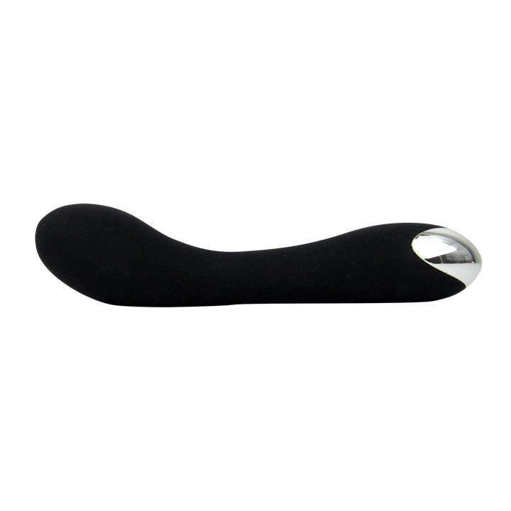Voodoo Karma Vibe black silicone G-spot vibrator with curved tip and silver accent