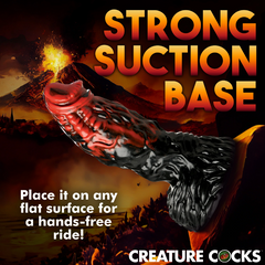 Vulcan dildo angled upright showing strong suction base for hands-free flat-surface use