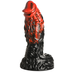 Vulcan dildo side view showing full red-to-black gradient texture and curved shaft