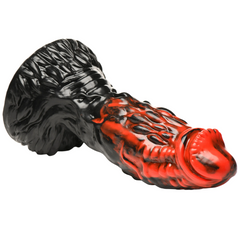 Vulcan silicone dildo lying flat, showing detailed scale-like texture along curved shaft