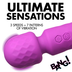 Close-up of wand head mid-vibration with text noting 3 speeds and 7 vibration patterns