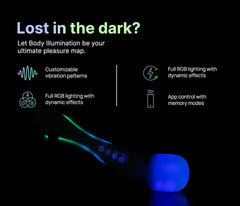 Wand vibrator in dark setting with green body LEDs highlighting dynamic lighting effects