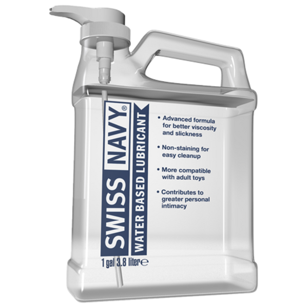 Swiss Navy Water Based Lubricant 1-gallon clear jug with pump dispenser and carry handle