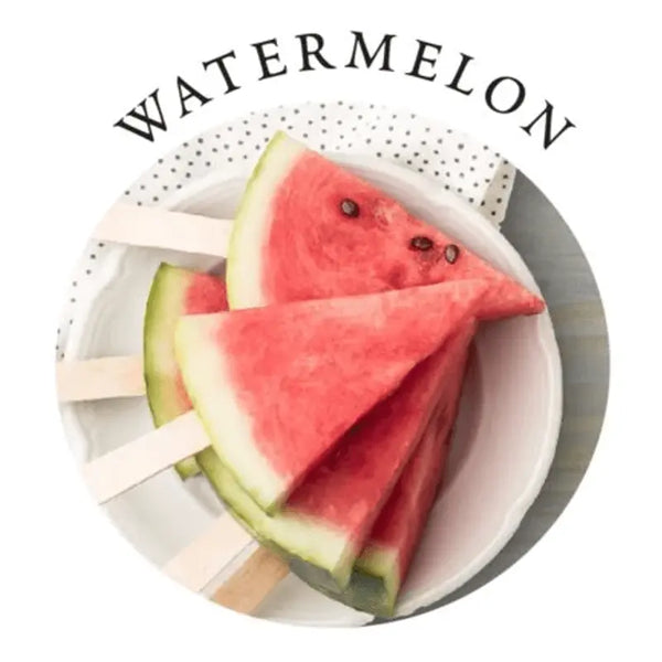 Watermelon scent label showing fresh sliced watermelon wedges for 4 oz candle