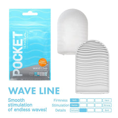 Wave Line Pocket Tenga shown beside its open package, revealing wave-textured interior