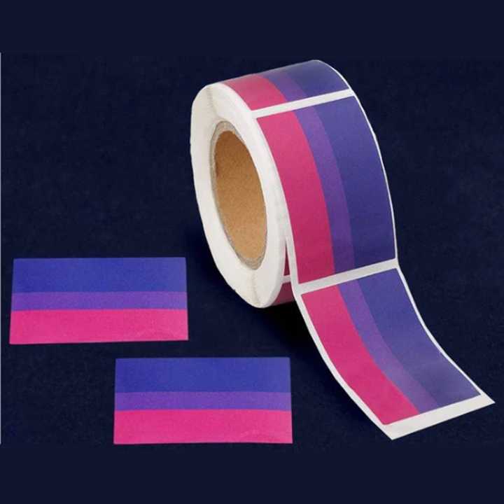 We Are Pride Wholesale bisexual rectangle flag stickers on a roll with two peeled samples shown