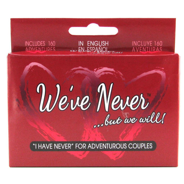 We've Never card game box in red with two hearts, bilingual couples adventure game