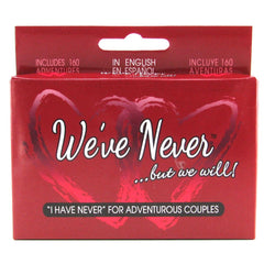 We've Never card game box in red with two hearts, bilingual couples adventure game