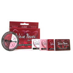 We've Never game contents including spinner, four card decks, and two envelopes displayed