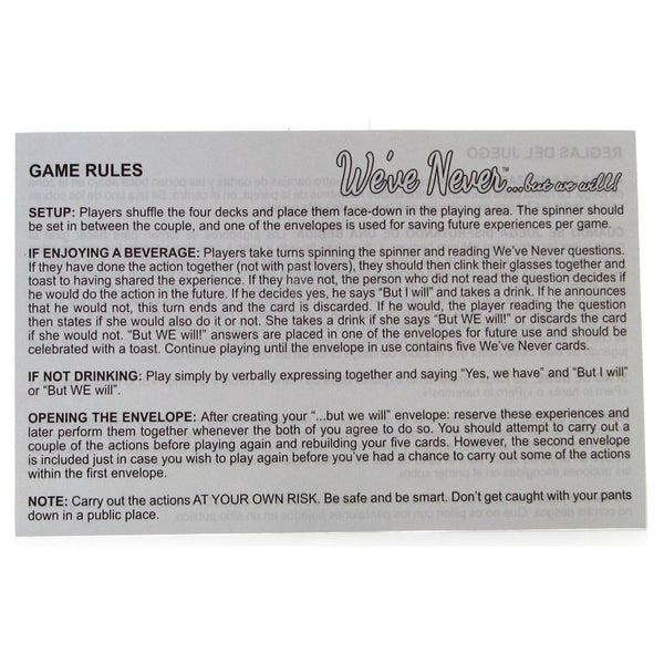 We've Never game rules card detailing setup, beverage options, and envelope instructions