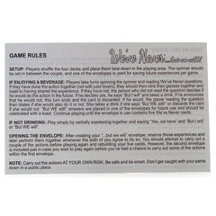 We've Never game rules card detailing setup, beverage options, and envelope instructions