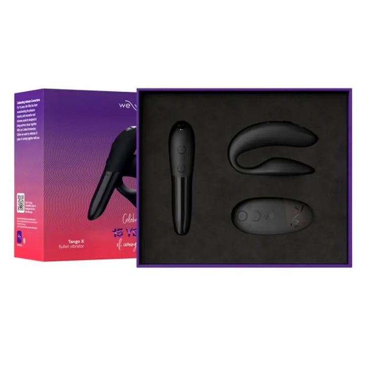 We-Vibe 15 Year Anniversary Collection gift set in open black-lined box with three devices