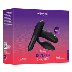 We-Vibe Anniversary Edition box back showing Tango X bullet and Sync 2 couples vibrator