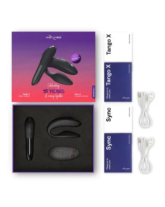 We-Vibe Anniversary set unboxed showing both devices, remote, charging cables and manuals