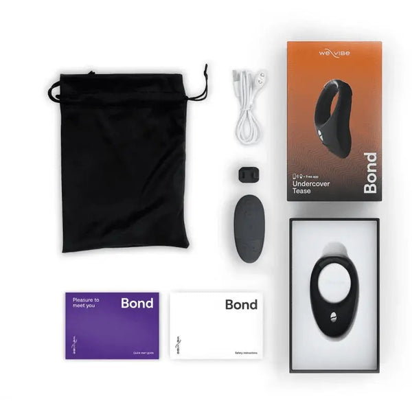 We-Vibe Bond cock ring complete kit with remote, USB cable, pouch, guides, and box