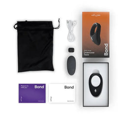 We-Vibe Bond cock ring complete kit with remote, USB cable, pouch, guides, and box