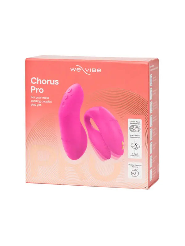 We-Vibe Chorus Pro couples vibrator box in pink showing dual-stimulator set and feature icons