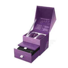 We-Vibe Chorus purple gift box open showing vibrator, remote, and drawer with charging cable
