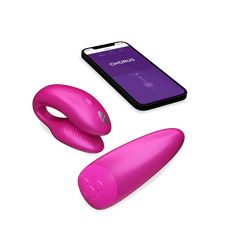 We-Vibe Chorus vibrator with matching remote and smartphone displaying the We-Connect app