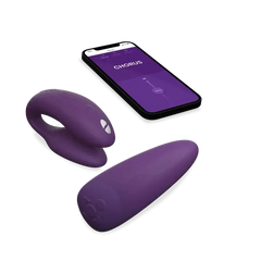 We-Vibe Chorus vibrator and remote beside smartphone displaying the Chorus app interface