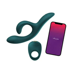 We-Vibe Date Night set showing Nova vibrator, Pivot ring, and We-Connect app on smartphone