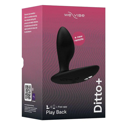 We-Vibe Ditto+ anal plug in black silicone shown in retail box with remote included