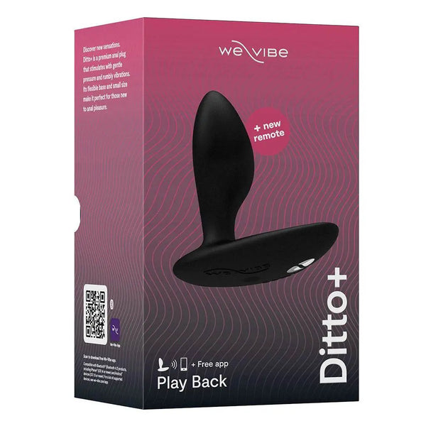 We-Vibe Ditto+ anal plug in black silicone shown in retail box with remote included