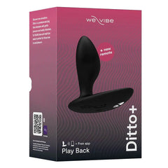 We-Vibe Ditto+ anal plug in black silicone shown in retail box with remote included