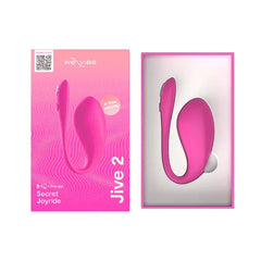 We-Vibe Jive 2 pink vibrator beside its open retail box showing product packaging contents