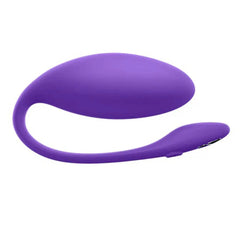 We-Vibe Jive Lite purple silicone egg vibrator with flexible curved tail, side view