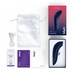 We-Vibe Melt complete kit: device, satin pouch, USB cable, lube sample, and guides