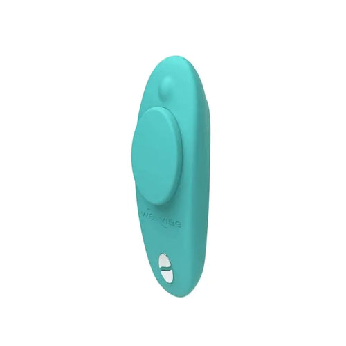 We-Vibe Moxie+ panty vibrator in aqua silicone, oval shape with magnetic clip button