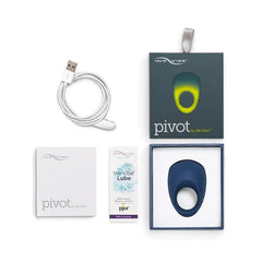 We-Vibe Pivot vibrating ring unboxed with USB cable, lube sample, and instruction booklet